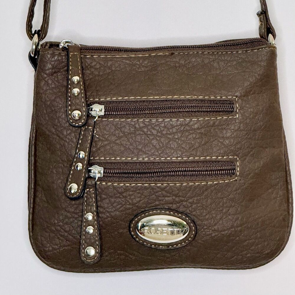 ROSETTI Mini Crossbody Bag Purse Brown Faux Pebbled Leather Multi Pockets Casual